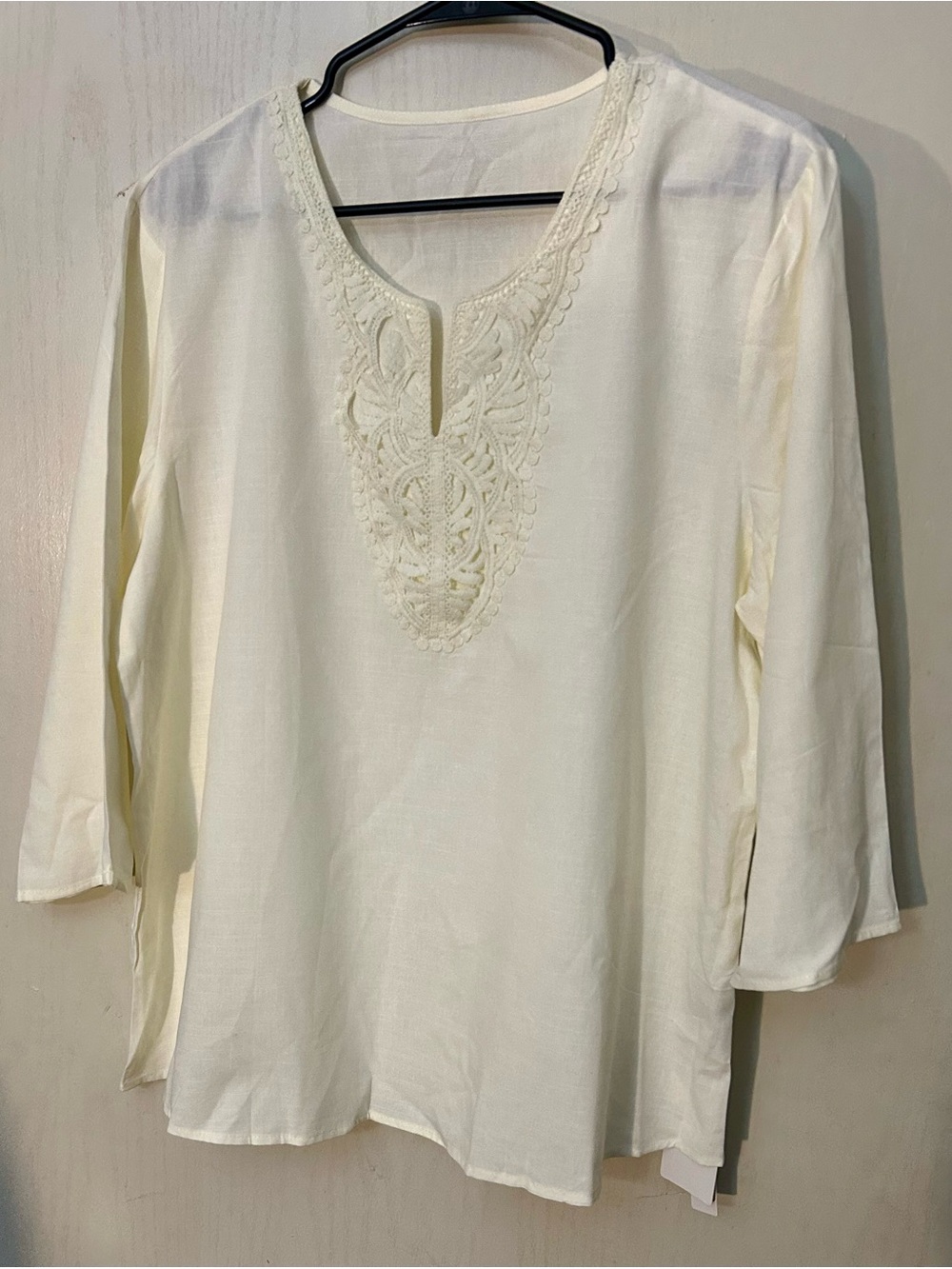 LOMON Women’s XL Linen Cotton Tunic Blouse Ivory Crochet Lace NWT